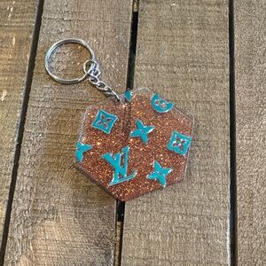 Glitter Hex Keychain with Teal Monogram Motifs